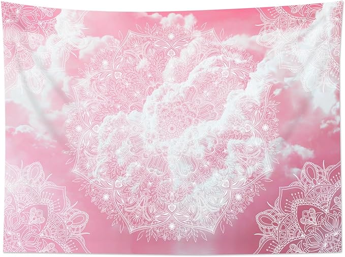 LB Pink Boho Tapestry Mandala Bohemian Aesthetic Pink Sky Cloud Tapestry Wall Hanging Nature Landscape Wall Decor for Bedroom Living Room Dorm 92.5Wx70.9L Inches