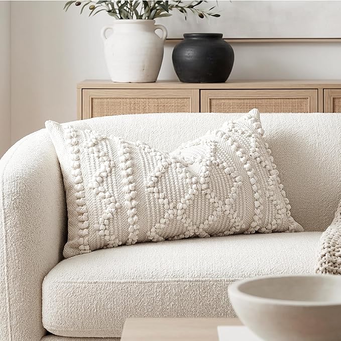 BlissBlush Pure White Decorative Lumbar Pillow Cover 14x24, Boho Accent Throw Pillow Case for Couch Sofa Bed, Modern Farmhouse Textured Lumbar Cushion Bedroom Living Room, Cover ONLY