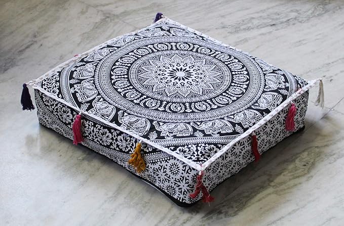 ICC Large Square Cotton Mandala Cushion Cover Hippie Ottoman Pouf Cover Daybed Floor Pillow Cover with Heavy Duty Zipper Seating Ottoman Poufs Dog-Pets Bed (Black & White Flower, 18" Square)