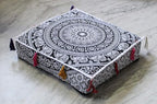 ICC Large Square Cotton Mandala Cushion Cover Hippie Ottoman Pouf Cover Daybed Floor Pillow Cover with Heavy Duty Zipper Seating Ottoman Poufs Dog-Pets Bed (Black & White Flower, 18" Square)