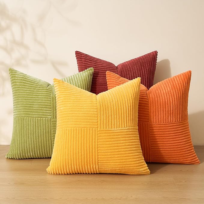 Topfinel Fall Burnt Orange Decorative Throw Pillows Covers 24x24,Soft Corduroy Square Throw Pillow Covers Set of 4,Western Farmhouse Cushion Cover for Couch Sofa Bedroom(Terracotta,Rust,Yellow)
