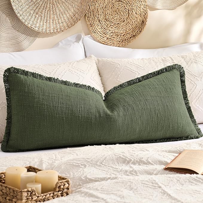 Kevin Textile 14x36 Inch Long Lumbar Pillow Cover 1 Pack Boho Fringe Decorative Rectangle Cushion Case with Tassels Neutral Cotton Woven Textured Farmhouse for Living Room Couch Sofa Bed, Olive Green