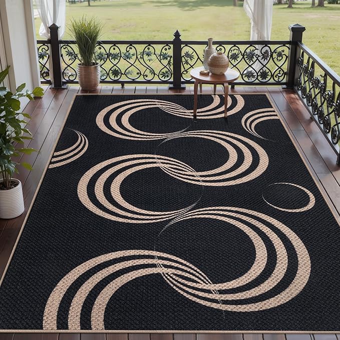 Tangsoo Easy Jute 5x7 Area Rug for Living Room,Black Thin Washable Rug Non Slip Rubber Backing Indoor Outdoor Carpet,Farmhouse Modern Throw Mat for Office Balcony Backyard Patio