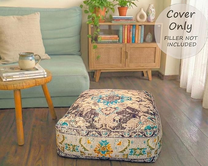 Mandala Life ART Boho Floor Cushion Cover Gray Square Moroccan Pouf Ottoman Pillow for Meditation Yoga and Boho Chic Low Seating Area Cotton 24x8 Unstuffed