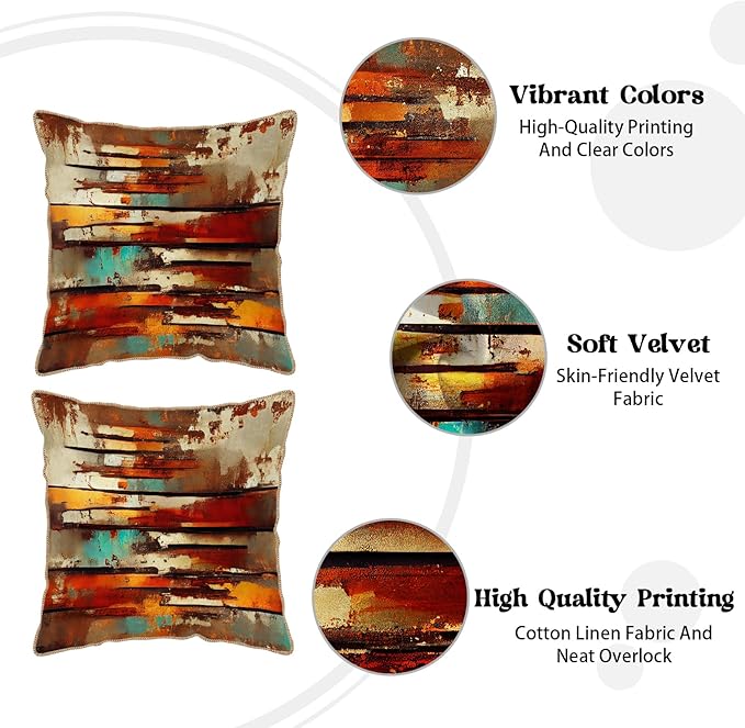 Burnt Orange Teal Rust Soft Velvet Throw Pillow Covers Set of 2 Abstract Vintage Metalic Copper Pillow Covers 20x20 Inch Retro Colorful Pillow Case For Sofa Couch Living Room Farmhouse Home Decor