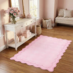 GarveeHome 3x5 Scalloped Washable Area Rug for Bedroom,Soft Solid Pink Entryway Rug Non Slip Low Pile Carpet Stain Resistant Throw Rug for Bedside Kids Room Office Dining Room