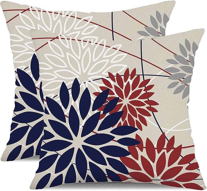DFXSZ 4th of July Pillow Covers 16x16 Inch Set of 2 Patriotic Blue Red Floral Outdoor Waterproof Decorative Throw Pillows Polyester Cushion Case Decor for Patio Funiture Garden Couch 01H16