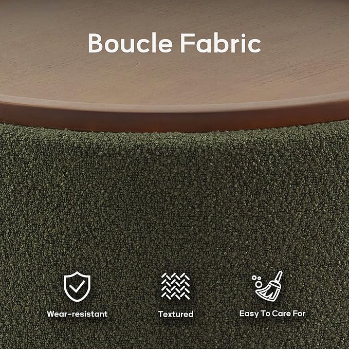 30 Inch Round Storage Ottoman Coffee Table, Modern Boucle Ottoman with Lift-Off Lid and Solid Wood Legs for Living Room, Bedroom, Corners, Apartments (Green)