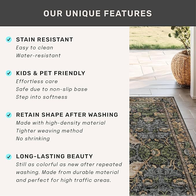 Washable Dark Vintage Floral Rugs for Entryway - Small 2x4 Runner Rug for Kitchen Bathroom Door Mat Indoor Entrance with Bird & Botanical Pattern, Brown Earthy Tones, Non Slip Low Pile