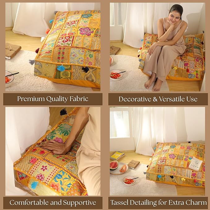 THE ART BOX Cotton Patchwork Vintage Boho Embroidered Floor Pillows & Cushion Cover Dog Pouf Seating Pouf Meditation Pillow Pet Bedding Cat Bed Boho Home Décor (35x35 Inches, Cover Only)