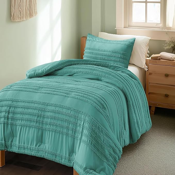 BEDELITE Boho Twin/Twin XL Comforter Set，Aqua Tufted Striped Bed Set 2 Pieces, Soft Vintage Farmhouse Comforter for College, Boho Home Dorm Decor, Fluffy Jacquard Bedding with 1 Pillow Sham