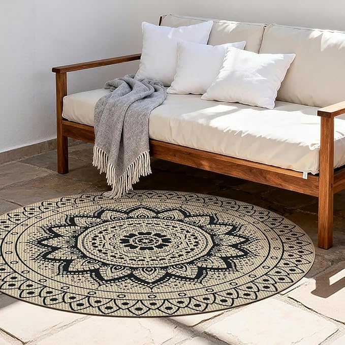 Outdoor Round Rug 5ft, Easy Jute Rug Washable Indoor Outdoor Patio Rug, Non Slip Round Area Rug Farmhouse Front Door Mat,Boho Lightweight Carpet for Backyard Patio Entry (Black, 5 Ft)