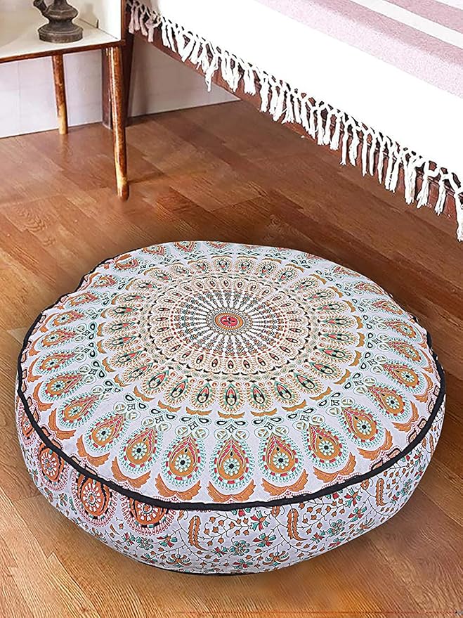 35" Pink Brown Mandala Floor Pillow Cushion Seating Throw Cover Hippie Decorative Bohemian Ottoman Poufs Pom Pom Pillow Cases Boho Indian Pet Dog Bed Cover