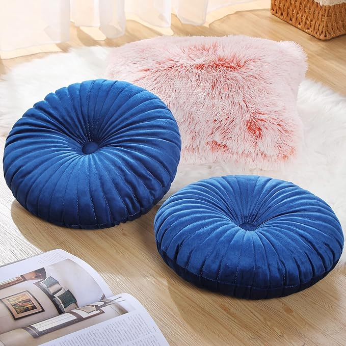 Namalu 2 Pcs Round Throw Pillow 13.8 Inch Decorative Round Velvet Floor Pillows Pumpkin Throw Pillows with Center Button for Thanksgiving Home Decor Living Room Sofa Couch Bed Chair (Navy Blue)