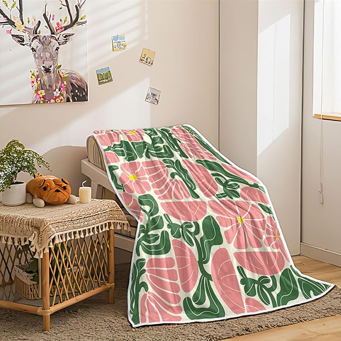 Boho Abstract Colorful Floral Throw Blanket, Vintage Retro Patchwork Pink Green Flower Botanical Geometric Aesthetic Groovy Flannel Throw Blanket for Chair Bed Sofa Couch, 60X80IN