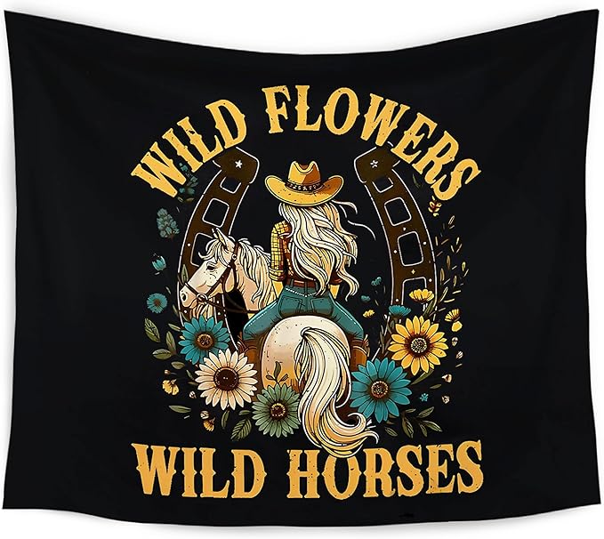 WARDOS Western Cowgirl Tapestry, Vintage Western Tapestry Wall Hanging, Retro Country Wild Wildflower Wild Horses Wall Blanket Decor for Girls Room Dorm Apartment Bedroom, 50x60 Inch