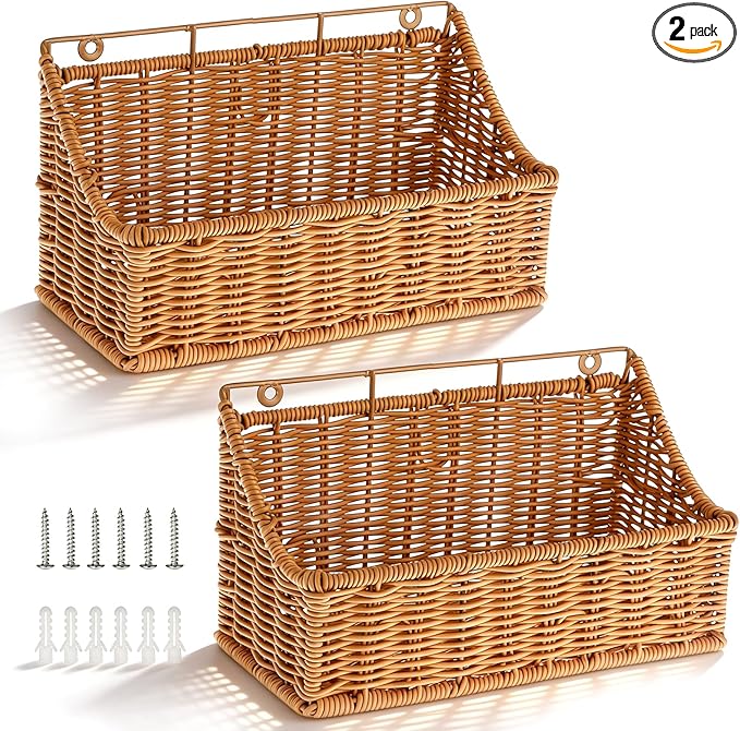 OwnMy 2PCS Plastic Wicker Hanging Basket Wall Mount Storage Baskets for Kitchen Organizing Fruit, Onion, Potato, Vegetable, Hanging Fruit Baskets for Kitchen Counter/Pantry/Cabinet