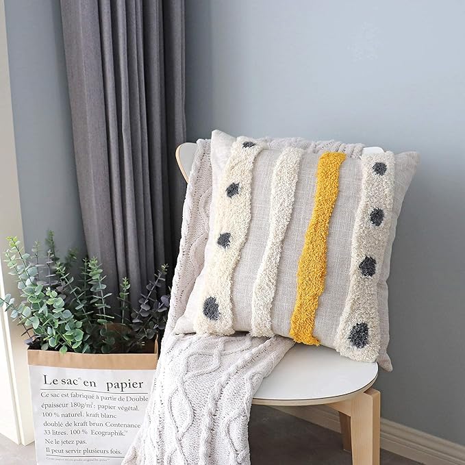 Boho Tufted Throw Pillow Cover with Handwoven Stripes, Linen Cotton Simple Decorative Cushion Case for Couch Sofa, 18x18 inches, 1 PC(Mustard Yellow)