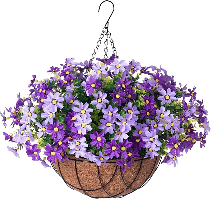 Artificial Flowers with Hanging Planter for Outdoors, Faux Silk Daisy Flower UV Resistant Plants in Basket Indoor Porch Garden Yard Spring Summer Decor(Purple)