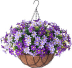 Artificial Flowers with Hanging Planter for Outdoors, Faux Silk Daisy Flower UV Resistant Plants in Basket Indoor Porch Garden Yard Spring Summer Decor(Purple)