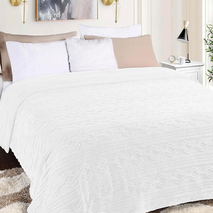 Superior Fleece Boho Jacquard Blanket, Decorative Blankets for Bedroom, Sofa, Fuzzy, Plush, Fluffy, Soft, Cute Room Decor, Beautiful Cover, Comfort Essentials, Arctic Collection, Twin, White