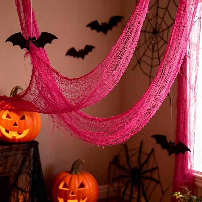 Set of 5 Pink Halloween Gauze Decor, Indoor Outdoor Pink Gauze Tapestry Decor, Halloween Spooky Decorations for Home Table Wall Yard Haunted House Party Supplies, 72 x 30 inch