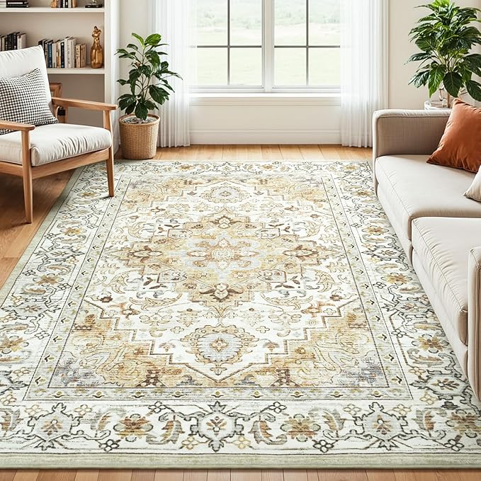 Lessymo 5x7 Area Rugs- Machine Washable Area Rugs, Super Soft Faux-Wool Area Rug for Living Room Bedroom, Boho Area Rug Vintage Floral Medallion Non-Slip Low Pile, Kid & Pet Friendly, Beige