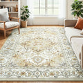 Lessymo 5x7 Area Rugs- Machine Washable Area Rugs, Super Soft Faux-Wool Area Rug for Living Room Bedroom, Boho Area Rug Vintage Floral Medallion Non-Slip Low Pile, Kid & Pet Friendly, Beige