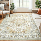 Lessymo 5x7 Area Rugs- Machine Washable Area Rugs, Super Soft Faux-Wool Area Rug for Living Room Bedroom, Boho Area Rug Vintage Floral Medallion Non-Slip Low Pile, Kid & Pet Friendly, Beige