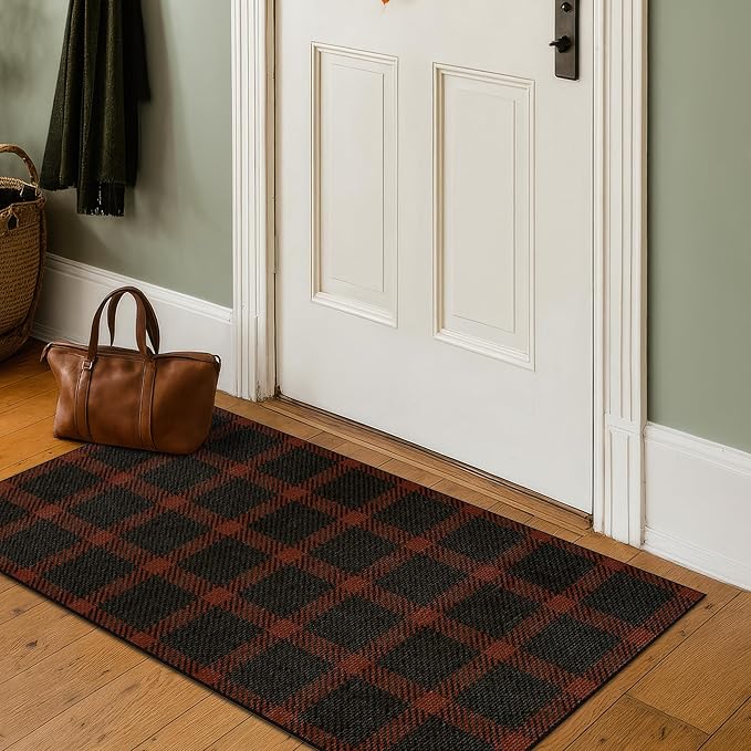 2x4 Retro Buffalo Plaid Indoor Entryway Runner - Front Door Mat Indoor Entrance, Non Slip Washable Rug for Kitchen, Living Room and Fireplace, Washable Easy Jute Red and Black Fall & Holiday Decor