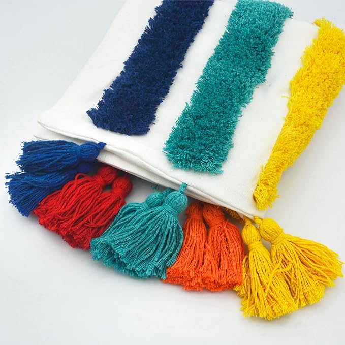 LIGICKY Rainbow Pillow Covers Cute Colorful Pillows Boho Tufted Throw Pillows with Tassel Home Decorative Cushion Case for Girls Room Decor Kids Playroom Bed Sofa Couch 18x18 Inch