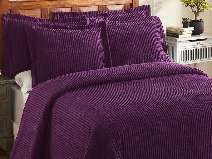 Better Trends Chenille Bedspreads King Size, Plum 100% Cotton Chenille Stripe Design Tufted Bedding Coverlet Soft Lightweight, 120"x110" with 2 King Sham 3 Pieces Set Jullian Collection