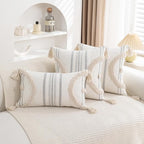 Boho Throw Pillow Covers 12x20 Set of 2 Cotton Woven Tufted Farmhouse Lumbar Pillows Covers with Tassels Outdoor Neutral Decorative Pillowcases Rectangle Textured Accent Cushion for Couch Bed Sofa