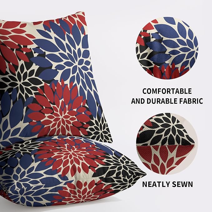 4th of July Pillow Covers 18X18 Inch Set of 2, Blue Red Black Modern Dahlia Floral Print Holiday Decorative Throw Pillow Covers Outdoor Farmhouse Cushion Case for Couch Sofa Bed Decor