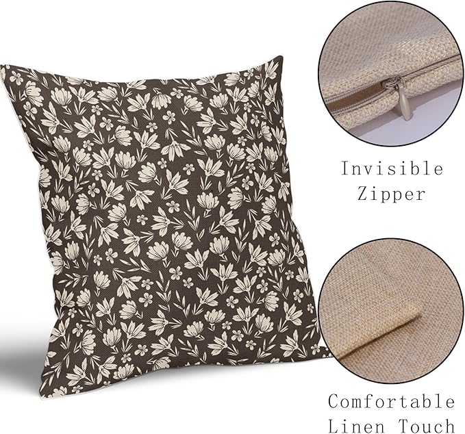 Dark Brown Pillow Covers 20x20 Set of 2 Vintage Floral Rustic Old Style Cute Flower Print Decorative Outdoor Pillowcases Seasonal Farmhouse Throw Cushion Case Decor for Couch Sofa Bed