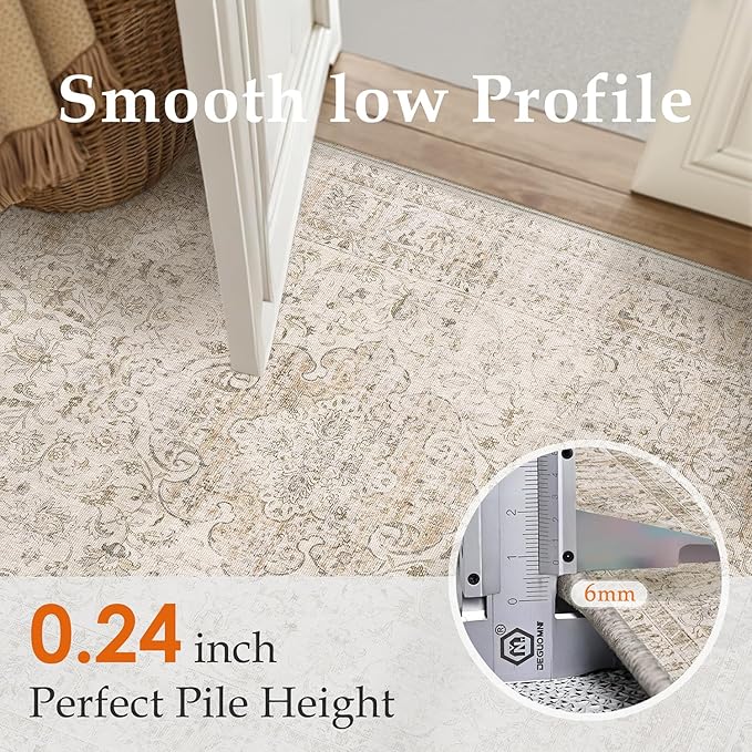 2x6 Washable Beige Runner Rug Vintage Hallway Kitchen Carpet Non-Slip Soft Low Pile Distressed Throw Rug for Bedroom Bathroom Laundry Living Room