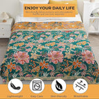 Fall Throw Blankets Reversible Luxurious Cotton Bed Throws with Vintage Bohemian Design & Yellow/Green Lightwight Floral Decor Blanket, Perfect as Bed Sofa Quilt 90" x 98"