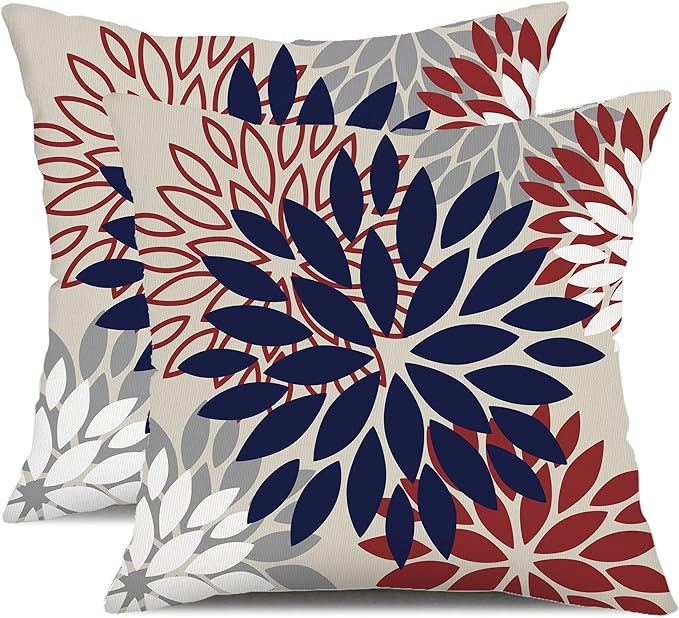 DFXSZ 4th of July Pillow Covers 16x16 Inch Set of 2 Patriotic Blue Red Floral Outdoor Waterproof Decorative Throw Pillows Polyester Pillow Covers Decor for Patio Funiture Garden Couch 002H16