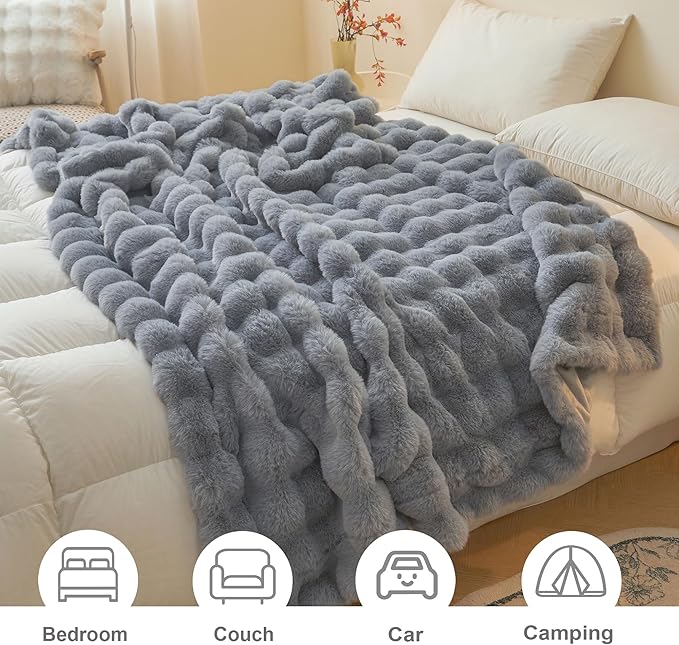 LIFEREVO Luxury Fluffy Faux Rabbit Fur Blanket, Plush Fuzzy Bubble Waffle Throw for Couch Sofa, Cozy Comfy Furry Bed Blanket Home Decoration, Shaggy Throw for Bedroom Living Room, 60x90, Light Grey