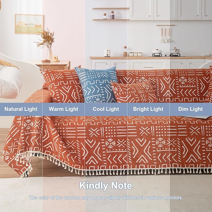 VClife Bohemian Couch Cover Sectional Sofa Cover Washable for L Shape Sofa, 1 PC Soft Chenille Couch Cover for 2 Cushion Couch - Boho Caramel White Jacquard Loveseat Slipcover for Couch Bed, 71"x 118"
