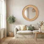 Round Rattan Mirror, 30" Circle Wall Mirror, Farmhouse Wooden Vanity Mirror with Handmade Wicker Frame, Decorative Boho Mirror for Nursery Bedroom Living Room Entryway Nature