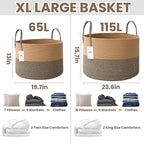 115L Extra Large Blanket Basket for Living Room - Woven Cotton Rope Laundry Hamper with Reinforced Handles - Storage Bin for Pillows, Comforters & Toys - Machine Washable,Jute&Black