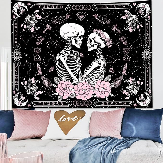 KJHL Black and Pink Gothic Witchy Skull Tapestry 44ʺ x 60ʺ Floral Constellation Skeleton Aesthetic Tapestries Wall Hanging for Bedroom Dorm