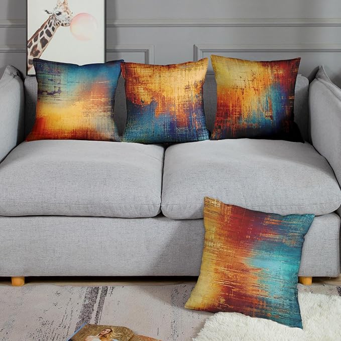 Emvency Set of 4 Throw Pillow Covers Vintage Abstract Blue and Orange Messy Rust Painting Decorative Pillow Cases Home Decor Standard Square 20x20 Inches Pillowcases