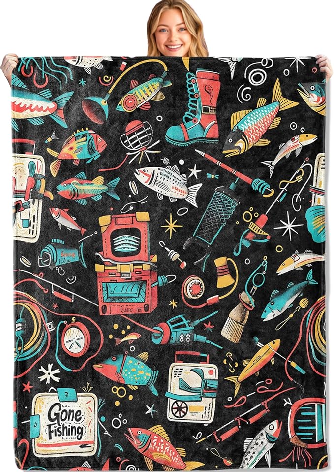 Gone Fishing Throw Blanket - 40x50in,Ultra Soft, Cozy Lightweight Flannel,Colorful Fishing Gear & Catch Blankets - Gifts for Men & Anglers Lovers,for Couch Home Living Room Decor