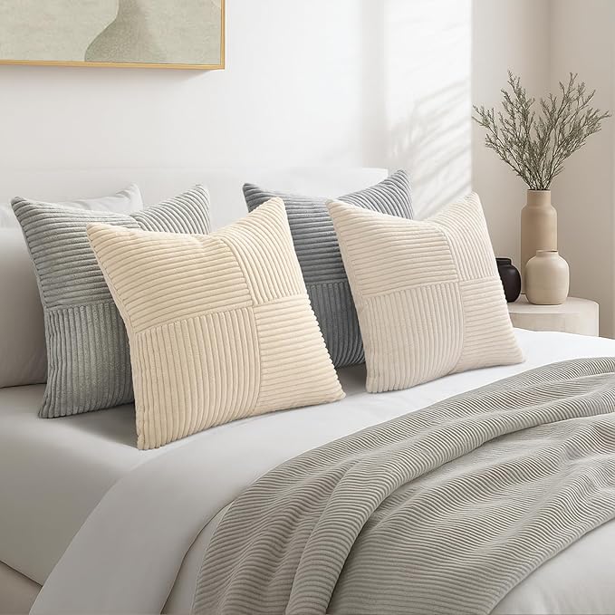 Topfinel Decorative Neutral Throw Pillow Covers 16×16,Farmhouse Cozy Cushion Cover Set of 4 with Corduroy,Soft Accent Pillowcases for Couch,Bed,Living Room Home Decor (Cream,White)