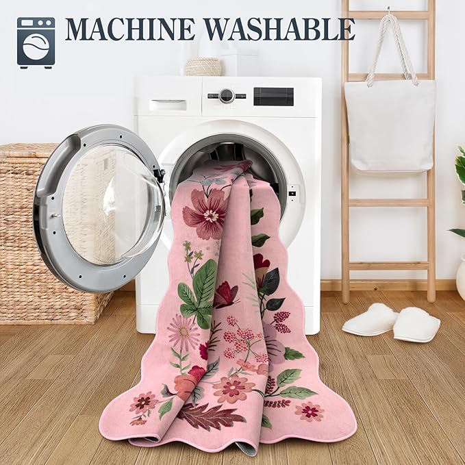 Lahome Floral Washable Rugs, 4X6 Pink Rugs for Bedroom Girls Ultra-Thin Soft Living Room Rug, Non-Slip Stain Resistant Boho Low-Pile Throw Carpet for ‎Nursery Office Flore (4x6ft, Pink)
