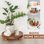 Demigo 10" Acacia Wood Round Tray - Decorative Plant Stand, Farmhouse Countertop Organizer, Multi-Purpose Display Pedestal, Riser Board for Soap, Perfume, Candles, Sponge, Bathroom, Kitchen