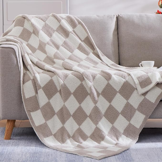 WRENSONGE Checkered Throw Blanket, Taupe Microfiber Soft Cozy Fluffy Warm Hand Made Throw Blankets for Couch, Sofa, Chair, Bed, Camping, Picnic, Travel Lightweight Bed Blanket - 50"*70"