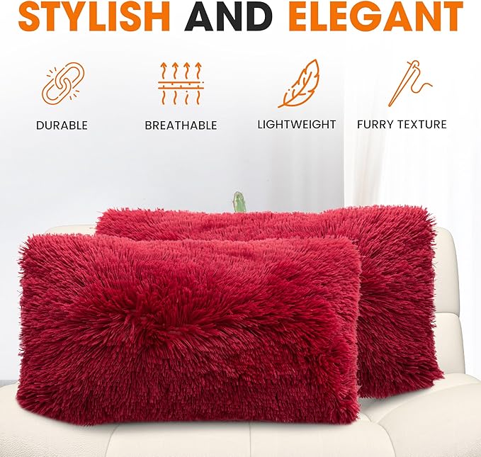 Cheer Collection Throw Pillows for Couch and Bed, Soft Shaggy Throw Pillows with Inserts Included, Cozy Long Hair Faux Fur Pillows - Set of 2-12" x 20" - Maroon